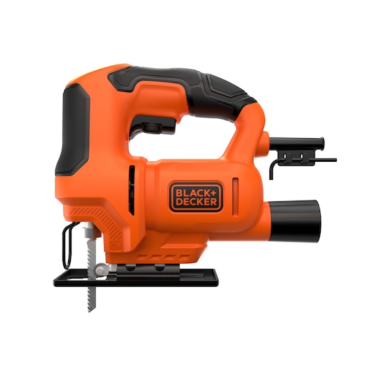 A BLACK+DECKER orange and black electric jigsaw, showing its handle, blade, and control features.