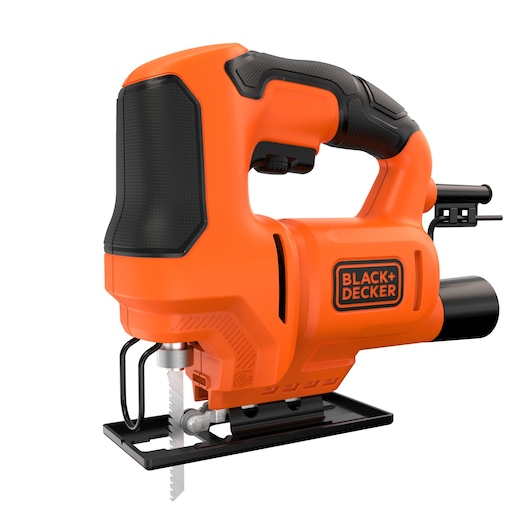 An orange and black BLACK+DECKER jigsaw power tool with a prominent handle and blade, shown on a white background.