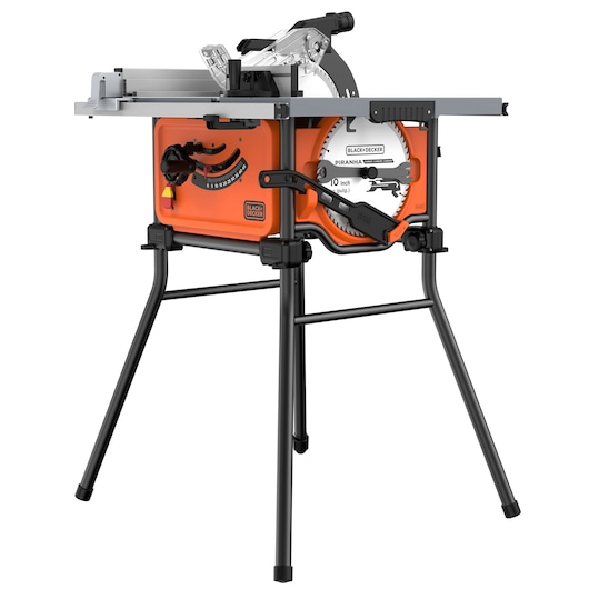 Photo of BLACKDECKER BES71800TSS table saw with orange base, silver top and black folding stand, side angle view.