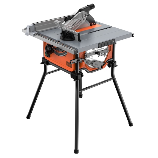BLACKDECKER BES71800TSS table saw with stand, orange and black body, angled front view on white background.