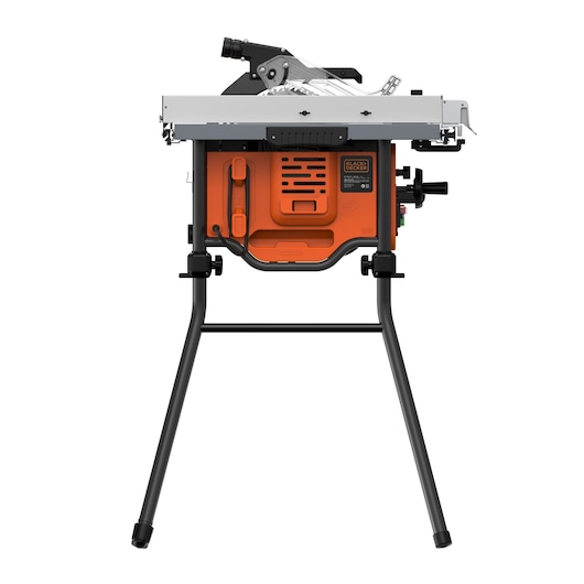 Photo of BLACKDECKER BES71800TSS table saw on white background, orange and black body, foldable stand, side view.