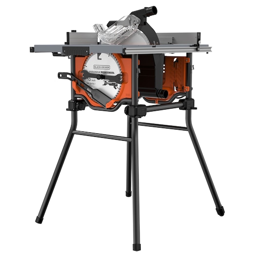 BLACKDECKER BES71800TSS table saw with stand, silver and orange, front angle on white background.