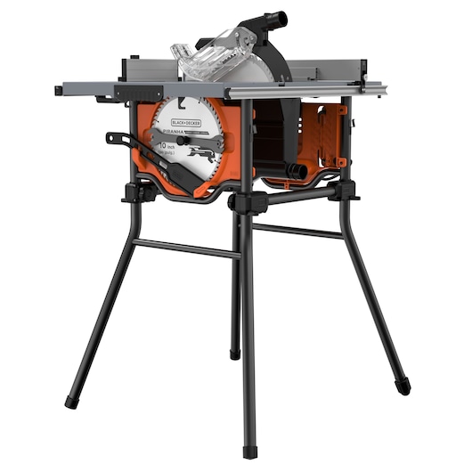 BLACKDECKER BES71800TSS table saw with stand, front angle, orange and black design, 10 inch blade