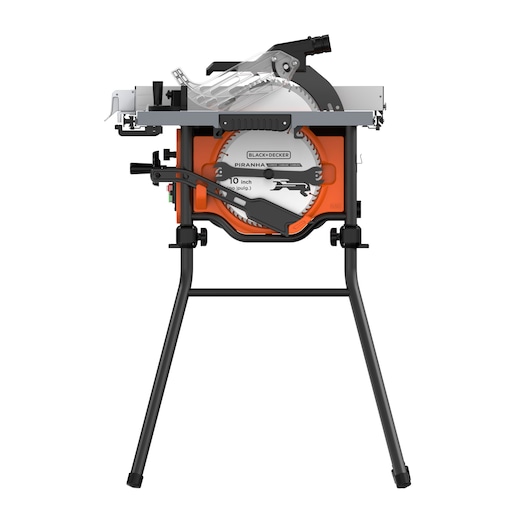 Photo of BLACK+DECKER BES71800TSS table saw with orange base, black stand, 10-inch blade, front view, white background.