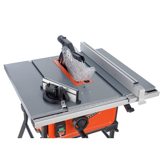 BLACKDECKER BES71800TSS table saw, gray and orange, front angle, with fence and clear blade guard.