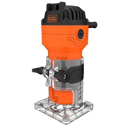 BLACK+DECKER compact wood router BETR0500, orange and black, front angle on white background.