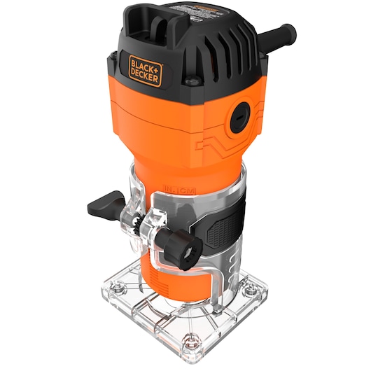 BLACKDECKER BETR0500 orange and black compact router, front angle, clear base, photography on white background.