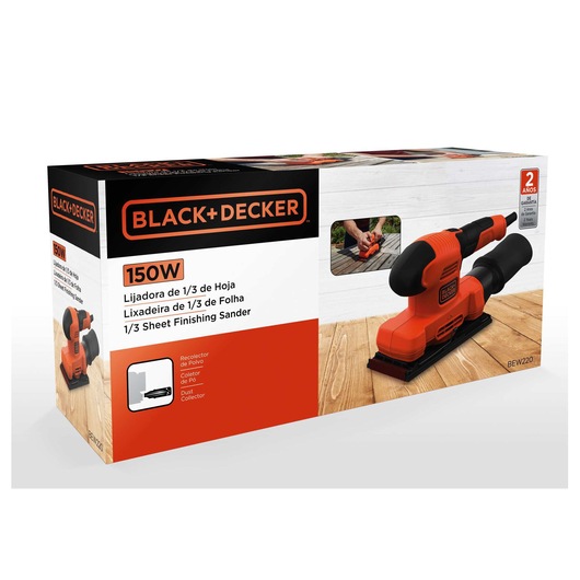 Box of BLACK+DECKER 1/3 sheet finishing sander, model BEW220, with 150W power. The packaging shows the orange and black sander and highlights features like a dust collector and a 2-year warranty.