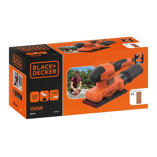 BLACK+DECKER BEW220 orange and black sander box, 150W, dust collector, front angle on white background.