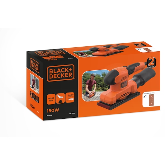 BLACK+DECKER BEW220 150W sheet sander box, orange and black packaging, front angle with product photo.