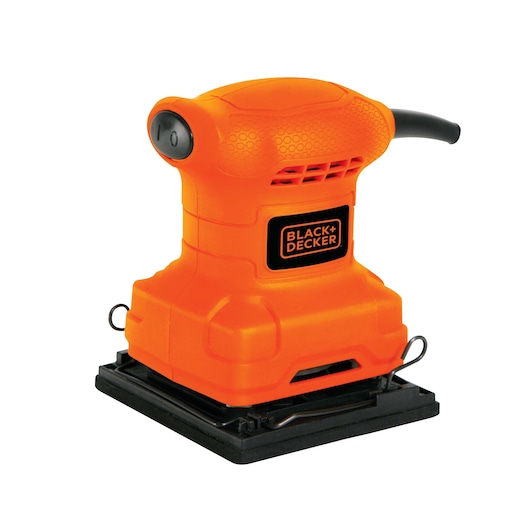Photo of BLACK+DECKER BS200 orange sheet sander, front angle, with black base and visible power switch.