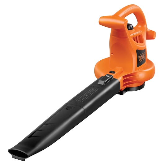 BLACKDECKER BV25 orange and black electric leaf blower front angle on white background.