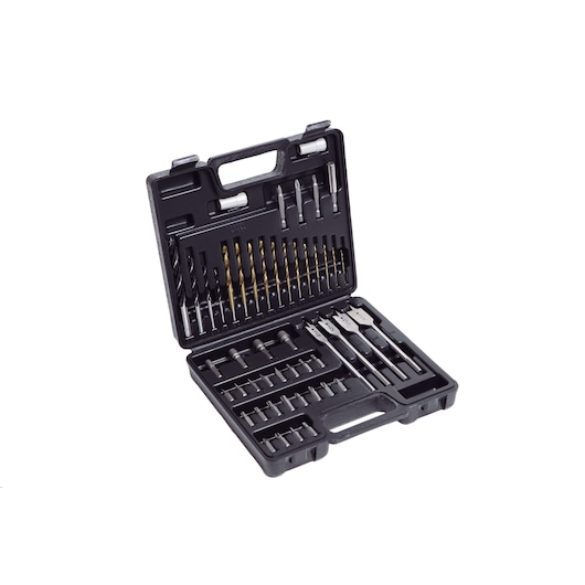 BLACKDECKER drill and bit set CD121K50 in black hard case, open, with assorted bits, front angle.