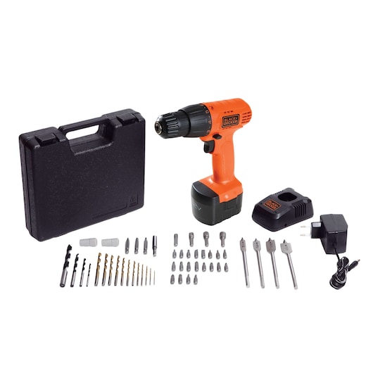 BLACK+DECKER CD121K50 cordless drill set with orange drill, black carrying case, charger, and assorted drill bits, front angle.
