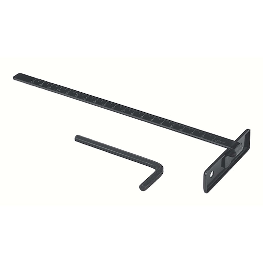 BLACKDECKER CS1004 photography of a black metal guide ruler and hex key on white background.