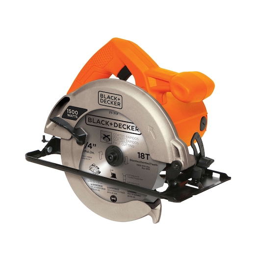 BLACKDECKER CS1024 circular saw with silver blade and orange handle, side angle, white background.