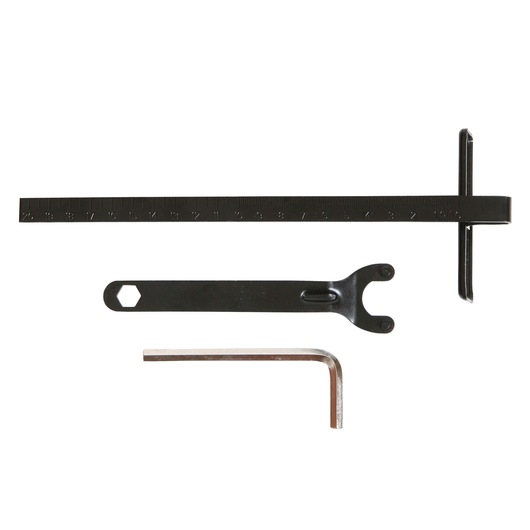 BLACKDECKER CS1024 replacement tool set with ruler, wrench, and hex key, top view on white background.