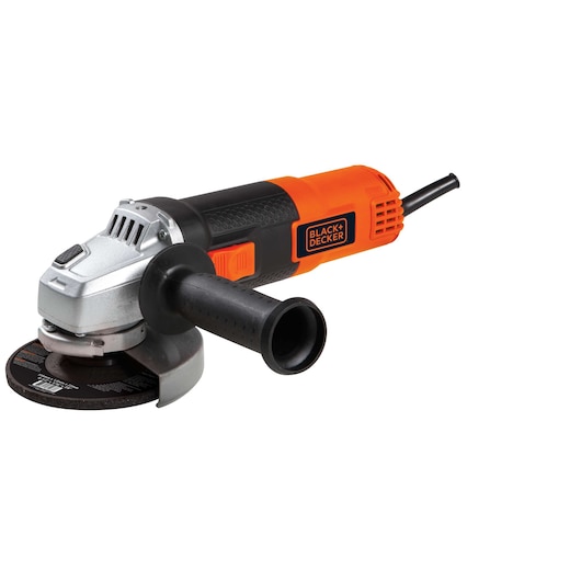 Photo of BLACKDECKER G720K angle grinder with orange and black body, side handle, and cutting disc, front left angle.