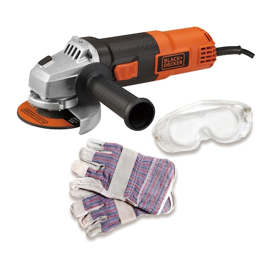 BLACK+DECKER G720K angle grinder set with safety gloves and goggles, front angle, white background.
