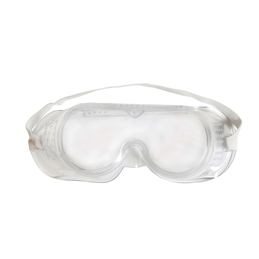 BLACKDECKER G720K clear safety goggles with ventilation holes and adjustable white elastic strap, front angle.