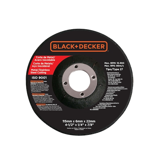 BLACK+DECKER G720 metal and stainless steel cutting wheel, 115mm x 6mm x 22mm, product front on white background.