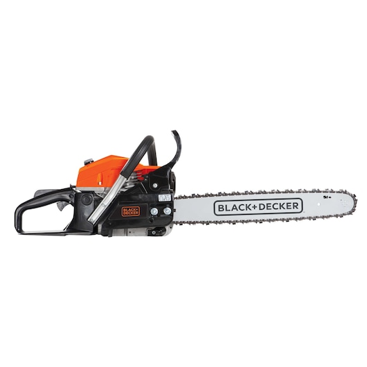 BLACK+DECKER GGK45 chainsaw side view, orange and black body with branded blade, on white background.