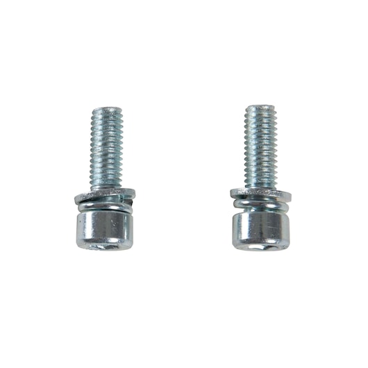 BLACKDECKER GGK45 set of two silver metal bolts with washers, product photography, front angle, white background.