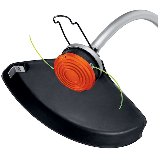 BLACKDECKER GH1100 grass trimmer close-up, showing orange spool, green line, and black debris guard, white background.