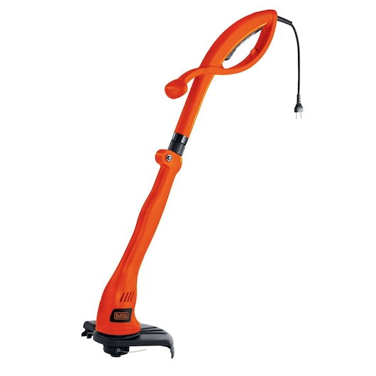 BLACKDECKER GL300 orange electric grass trimmer, side view on white background, corded with ergonomic handle.