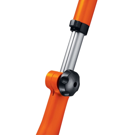 Photo of BLACKDECKER GL300 grass trimmer adjustable handle and shaft, close-up, orange and silver, white background.