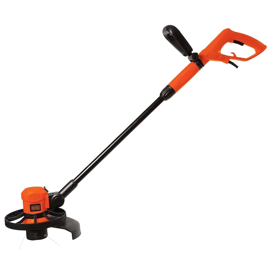 Photo of BLACKDECKER GL600N orange and black electric grass trimmer, side angle on white background.