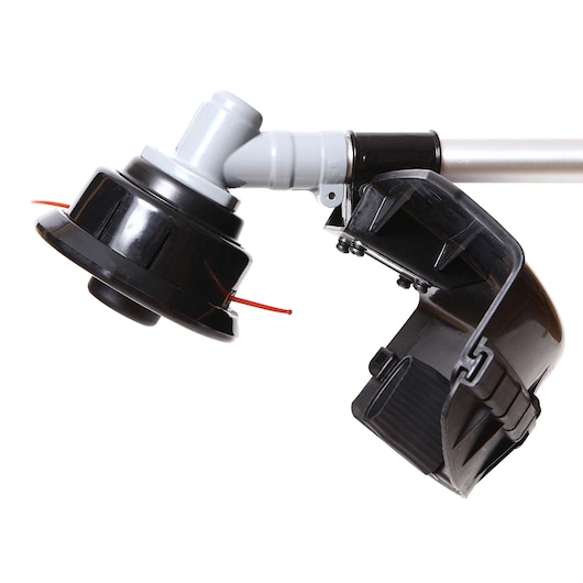 Photo of BLACKDECKER GST33 string trimmer head with black plastic guard, close-up on white background.