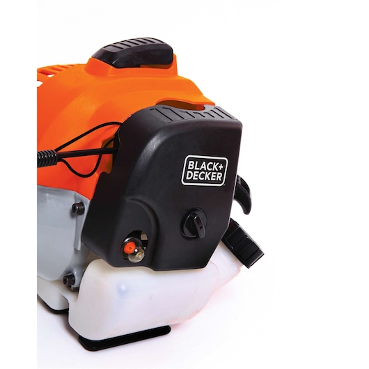 BLACK+DECKER GST33 gas-powered equipment close-up, orange and black body, white tank, right angle.