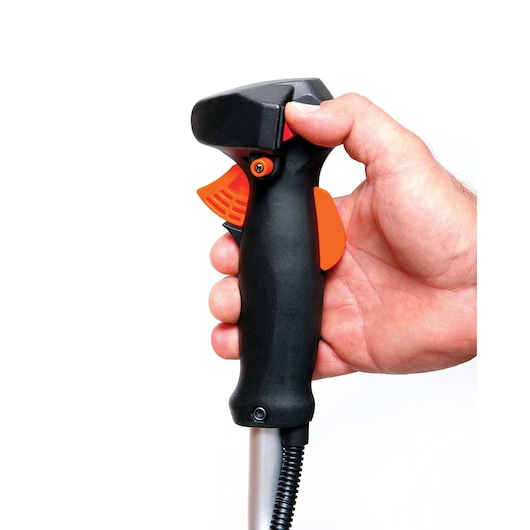 Photo of BLACKDECKER GST33 string trimmer handle, black with orange trigger, shown in hand, front angle.
