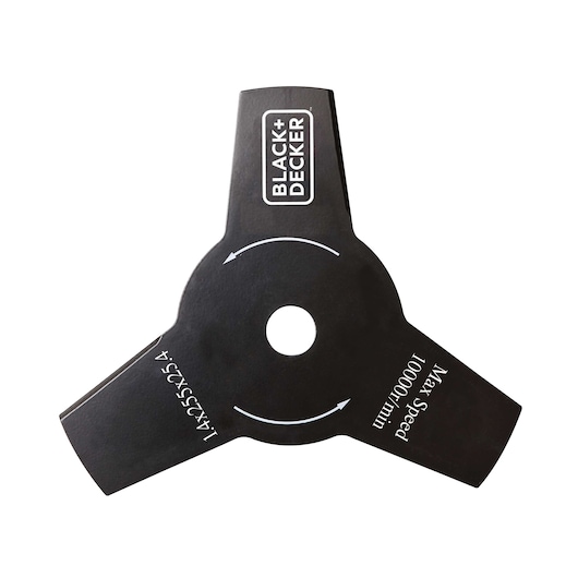 BLACKDECKER GST33 three-tooth black mower blade, white background, visible branding and specifications.