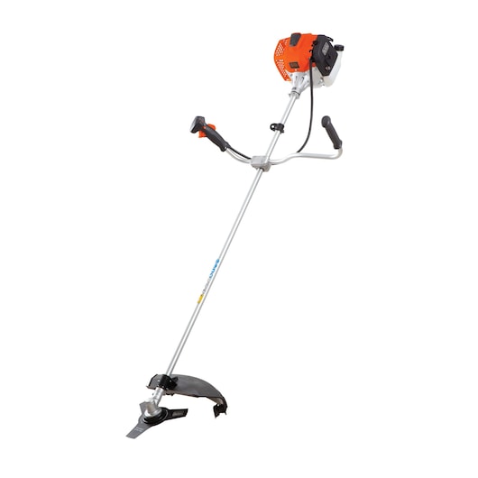 BLACKDECKER GST43 brush cutter side view, orange and black engine, silver shaft, black handles.