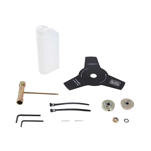 BLACKDECKER GST43 accessory kit with three-tooth cutting blade, white oil bottle, wrench, hex keys, fasteners, and ties, top view.
