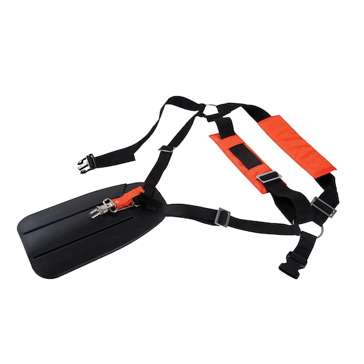 BLACKDECKER GST43 trimmer shoulder strap with orange and black padded adjustable harness, top view, white background.
