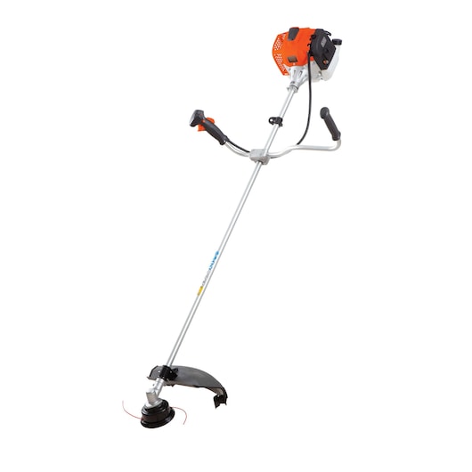 BLACKDECKER GST43 orange and black string trimmer side view, long shaft and dual handle design.