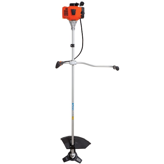 BLACKDECKER GST43 brush cutter with orange motor, curved handle, and black blade, front view on white background.