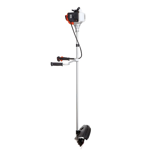 Photo of BLACKDECKER GST43 brush cutter with silver shaft, black and orange motor, dual handles, front angle on white background.