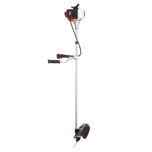 BLACKDECKER GST43 brush cutter with silver shaft, black and orange engine, straight handle, side view on white background.