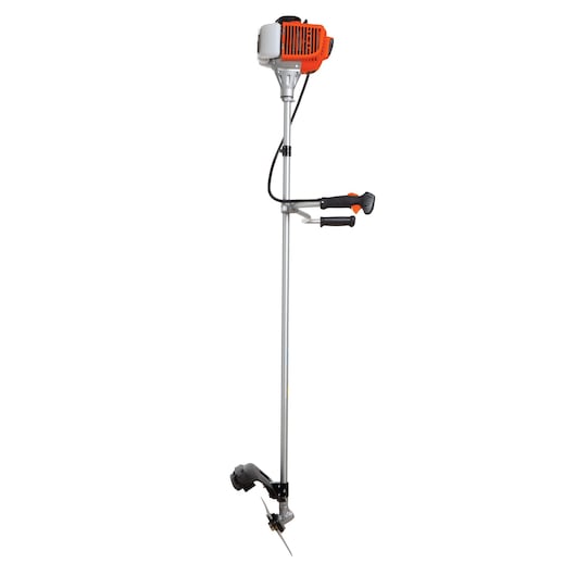 BLACKDECKER GST43 brush cutter with orange motor, metal shaft, black handle and blade, studio angle.