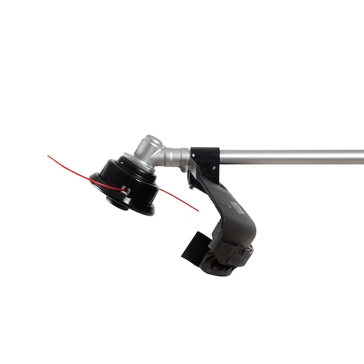 BLACKDECKER GST43 grass trimmer head side view showing silver shaft, black guard, and red trimmer line.