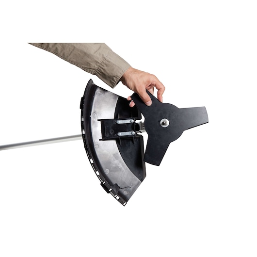 BLACKDECKER GST43 grass trimmer blade and guard close-up, white background.
