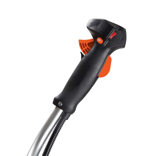 Photo of BLACKDECKER GST43 grass trimmer handle in black and orange, side angle on white background.