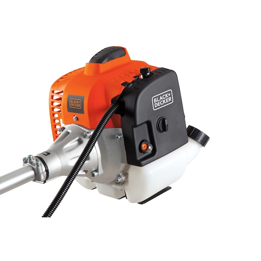 Photo of BLACKDECKER GST43 string trimmer motor close-up, orange and black casing, white background.