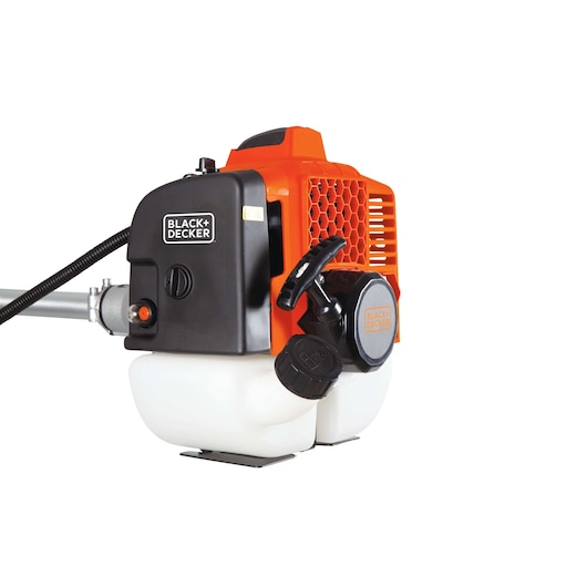 BLACKDECKER GST43 brush cutter engine close-up, black and orange housing, fuel tank shown, white background.