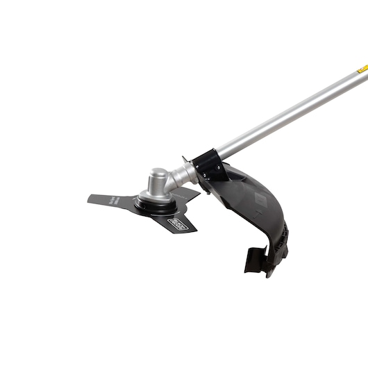 BLACKDECKER GST43 grass trimmer head with metal blade, silver shaft and black plastic guard, side angle on white background.