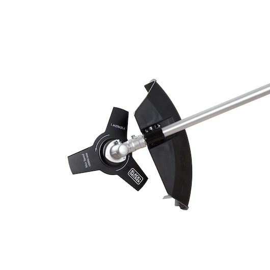 BLACK+DECKER GST43 brush cutter head with three-blade metal cutting disc and black guard, product angle on white.